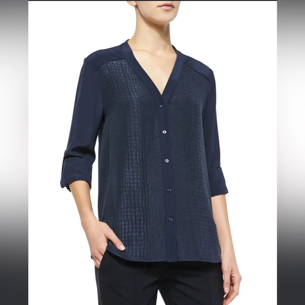 Vince Navy Long-Sleeve Crocodile-Embossed Blouse Size S - Picture 2 of 11